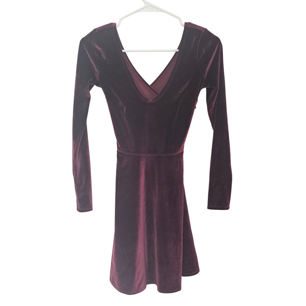 Abercrombie & Fitch Velvet Long Sleeve V-Back Skater Dress Burgundy XS 625781249